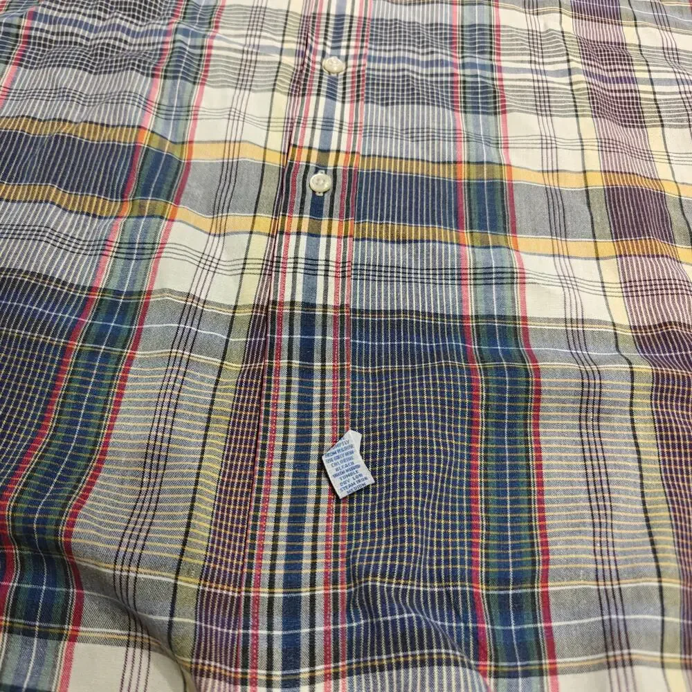 Vintage Ralph Lauren Mens XL Madras Plaid Shirt Short Sleeve Hand Woven Blue